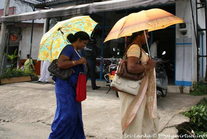 Saris under umbrellas in the sun, Kandy - Sri Lanka Ceylon