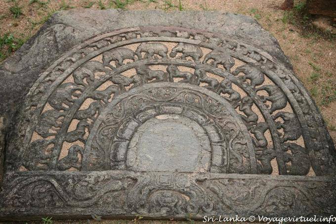 Sandakada pahana (moon stone) at Polonnaruwa Vatadage entries or terrace of the Tooth - Sri Lanka Ceylon