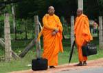 Monks in saffron-colored dress with suitcase and umbrella, Dambulla, Sri Lanka Ceylon.