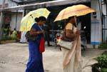 Saris under umbrellas in the sun, Kandy, Sri Lanka Ceylon.