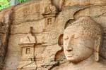 Buddha sitting with decorated throne, Gal Vihara, Polonnaruwa, Sri Lanka Ceylon.
