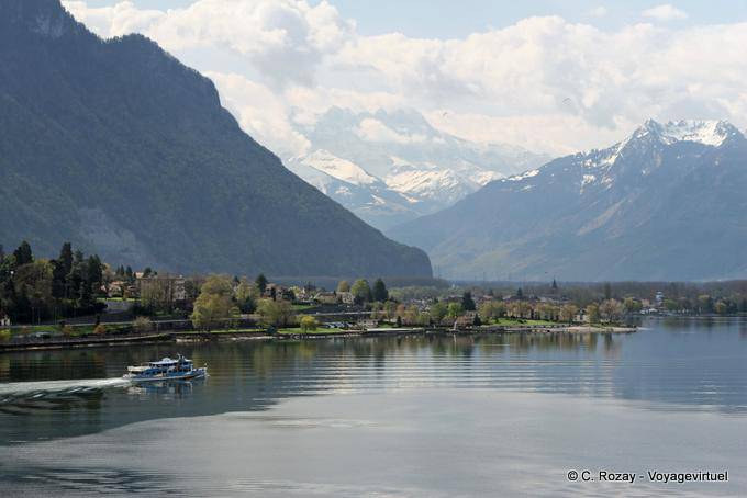 Boat and vapor Alps Chillon Castle, Montreux - Switzerland