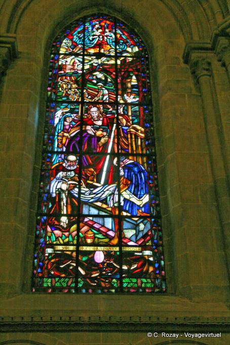 Burial of Jesus, a stained glass window of the Notre-Dame de Lausanne - Switzerland