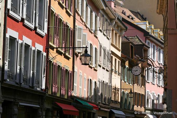Color facades, houses in the street of the lake, Vevey - Switzerland