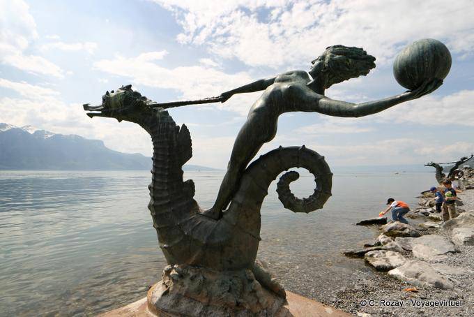 Nymph on a seahorse, of Edouard-Marcel Sandoz sculpture near the Landing, Vevey - Switzerland