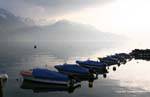 Alignment boats in the mist, Montreux, Switzerland.