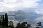 Lake Geneva from the dock flowers, Montreux, Switzerland.
