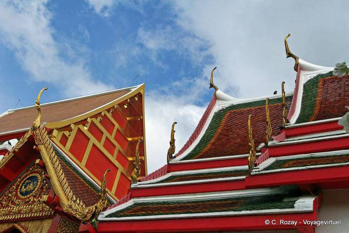 Temple roofs and Chofahs, Wat Wat Choeng Phanan, Ayutthaya - Thailand