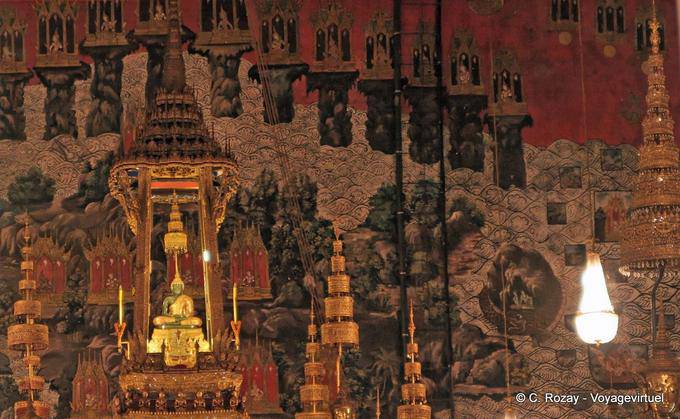 Interior of the Temple and views of the Emerald Buddha, Wat Phra Kaew, Bangkok - Thailand