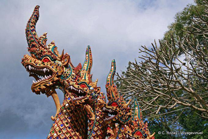 Trio of colorful Naga, Wat Doi Suthep, Chiang Mai - Thailand