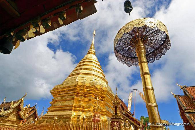 The sunshade and gold chedi, Wat Doi Suthep, Chiang Mai - Thailand