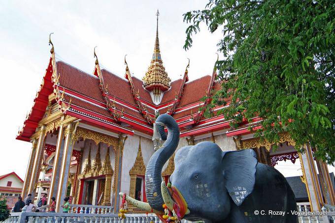 Black Elephant in front of a temple at Wat Chalong, Phuket - Thailand