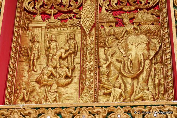 Bas-relief on Wat Suwan Khiri Wong door, Patong, Phuket Temple - Thailand