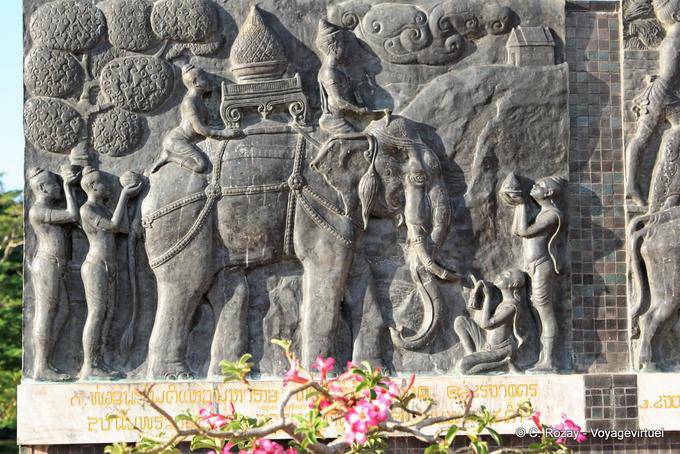 Bas-relief at the base of King Ramkhamhaeng Monument, the Kings life, Sukhothai - Thailand