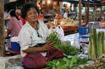 Saleswoman sitting in lotus market Sukhothai, Thailand.