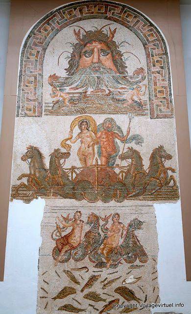 Neptune mustache and his chariot, mosaic, National Museum of Bardom - Tunisia