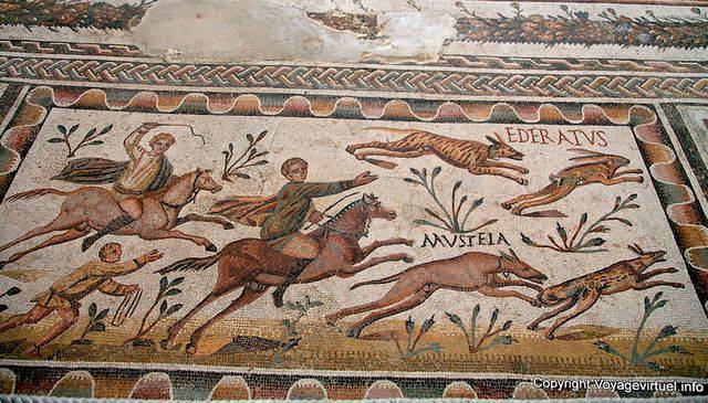 Bardo Museum, hunting scene, mosaic, Ederatus Mustela - Tunisia