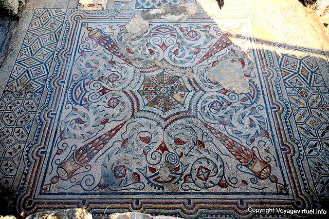 Dougga, red and blue mosaic of great decorative richness - Tunisia