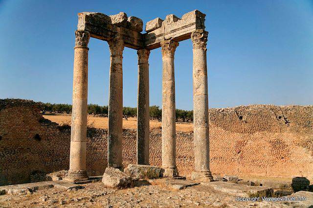 Dougga, Temple of Juno Caelestis, the wall of the sacred precinct (temenos) and columns - Tunisia