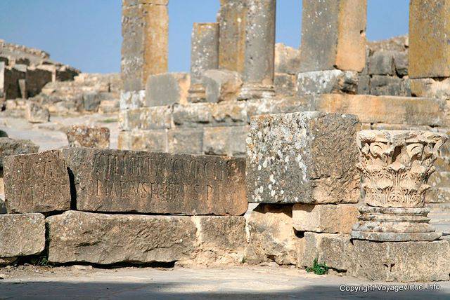 Dougga, inscription at the foot of the Temple of August Piety - Tunisia