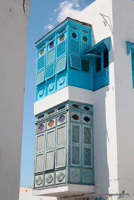 Sidi Bou Said, balconies with moucharabiehs - Tunisia