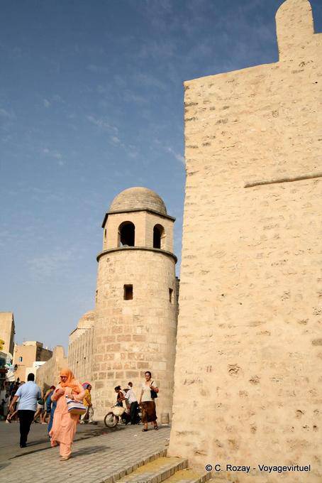 Rampart at the entrance to the medina and tower of the Great Mosque, Sousse - Tunisia