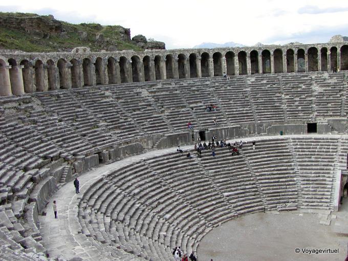 Roman theater of Aspendos, view of the upper gallery arcades and amphitheater - Turkey