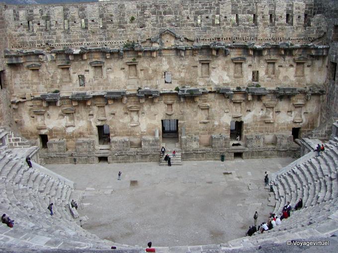 Panorama from the top of the stands on the stage, Aspendos theater - Turkey