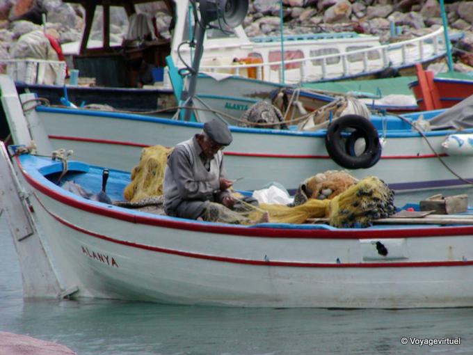 Net mending, Alanya Harbour - Turkey