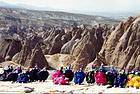 Dolls and Cappadocia landscape, Turkey.