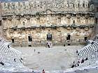 Panorama from the top of the stands on the stage, Aspendos theater, Turkey.