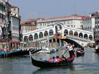 Gondolas on the Grand Canal to the Rialto Bridge, Italy.